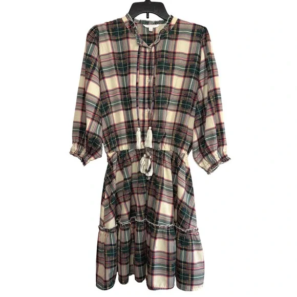 Simply Southern Plaid Tiered Dress Womens Small Boho Preppy Green Red Tartan - Picture 3 of 8